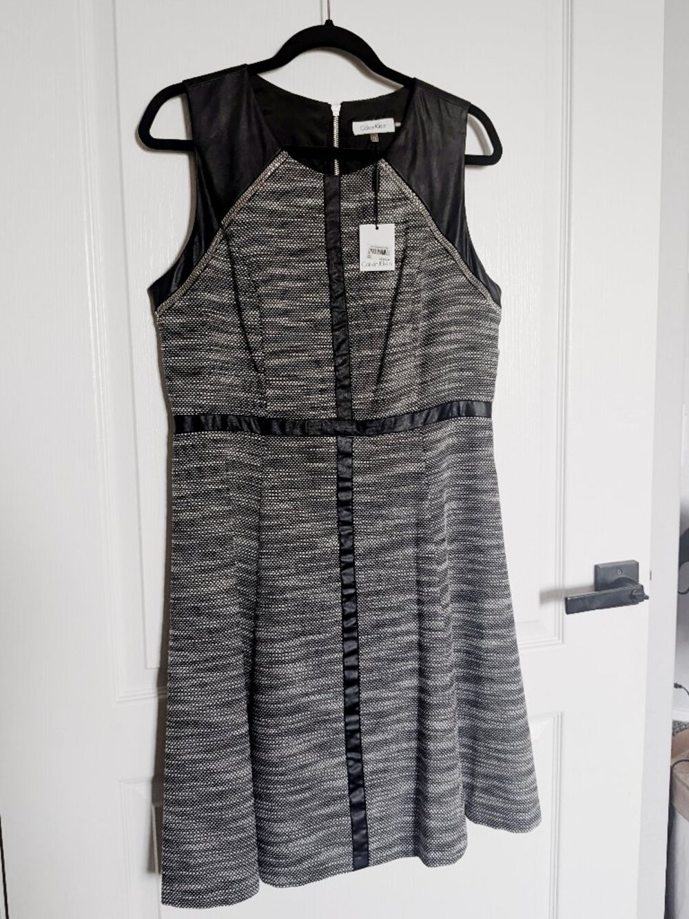 Free Shipping: Calvin Klein Faux Leather Trim Tweed Sheath Dress - NWT